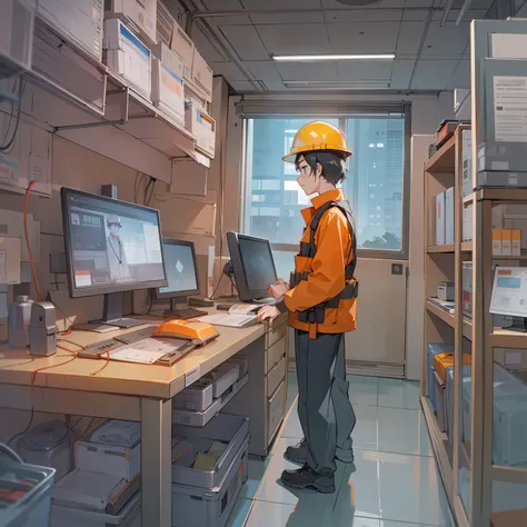 On-site monitoring room，One was wearing a red hard hat，A man wearing a reflective vest is checking the surveillance。Illustration style。