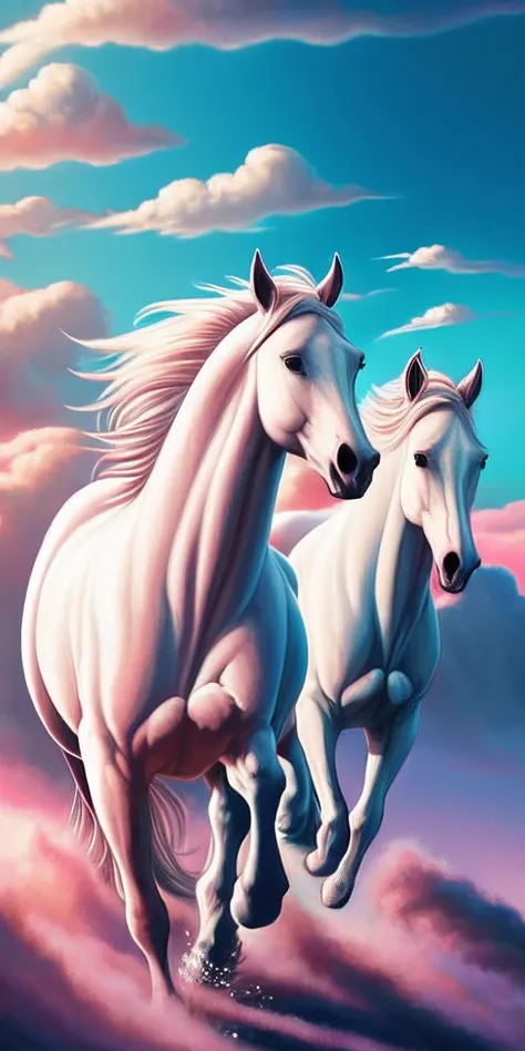 Painting of two white horses running in the sky with a pink cloud, Jen Bartel, Majestic Horses, Full Art, Beautiful 4K UHD Art, magic the gathering art, Background Artwork, Trading Card Art, Alessandro Pautasso Art, magic the gathering card art, Very High ...