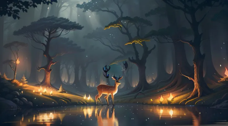 there is a deer standing in the middle of a forest, Beautiful digital artwork, Glowing lights! Digital painting, A beautiful artwork illustration, Beautiful digital illustration, calm evening. Digital illustration, magical forest with fireflies, beautiful ...