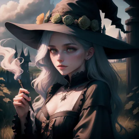 witch with a hat and a wand in a field, portrait of a young witch girl, portrait of a young witch, fantasy art style, classical witch, loish and wlop, witch fairytale, beautiful witch female, portrait of a witch, beautiful female witch, fantasy art behance...