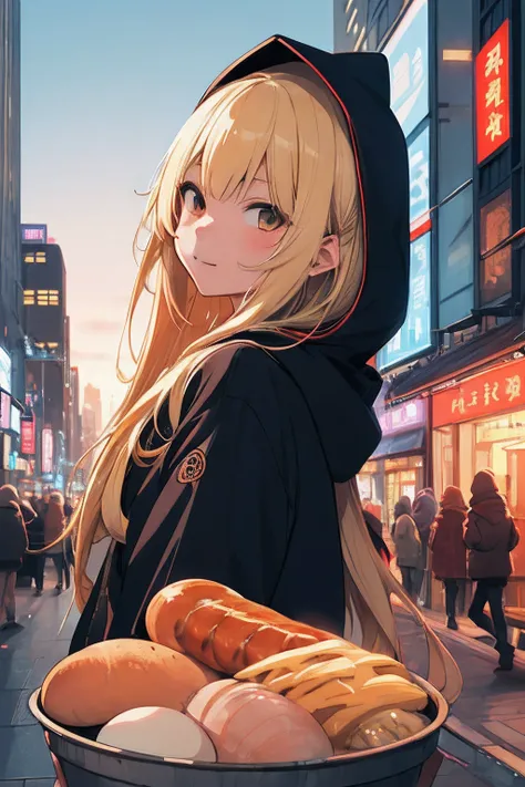 ​masterpiece, top-quality, 1girl in, long blonde hair with bangs, 独奏, natta, Colorful, Cityscape, Wearing a hood.,cyberpunked, Light smile, City Pop, vector illustrations, Sateen,the sausage,boiled egg,Oden,eats,glutton