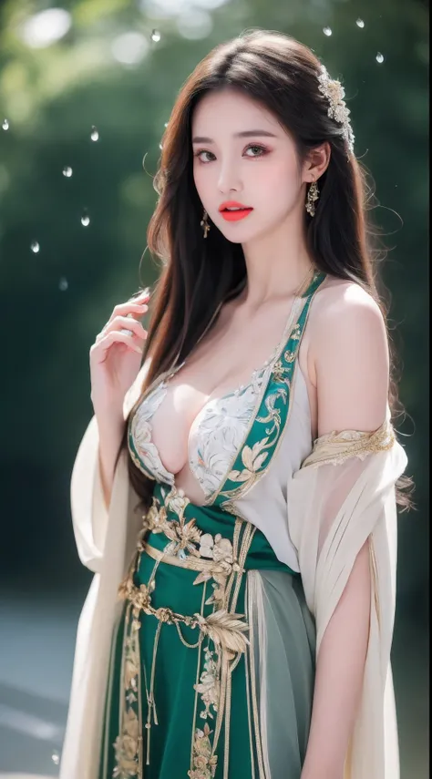 ((Best Quality, 8k, Masterpiece: 1.3)), Focus: 1.2, Perfect Body Beauty: 1.4, Buttocks: 1.2, ((Layered Haircut)), (Wet Clothes: 1.1), (Rain, Street:1.3), (Breasts: 1.2), (Hanfu: 1.2), Bare Shoulders, Bare Legs, Highly Detailed Face and Skin Texture, Fine E...