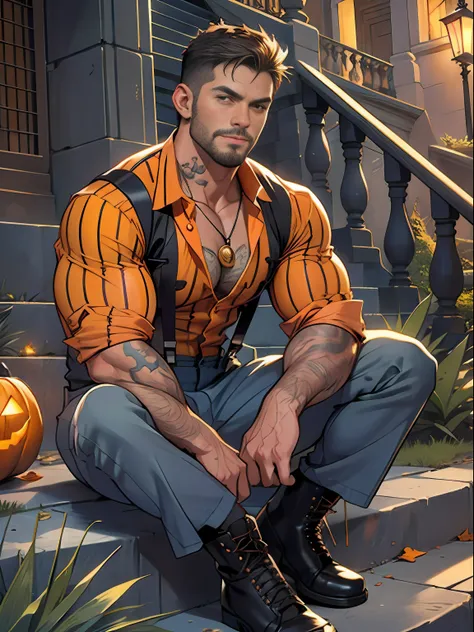 30 years old, big eyes, male, stubble, short hair, huge muscles, exaggerated muscles, mature man, muscle swelling, bodybuilding, pectoral muscles, abs, in the courtyard of European sculpture, jack-o-lantern, orange striped shirt, open shirt, pumpkin badge,...