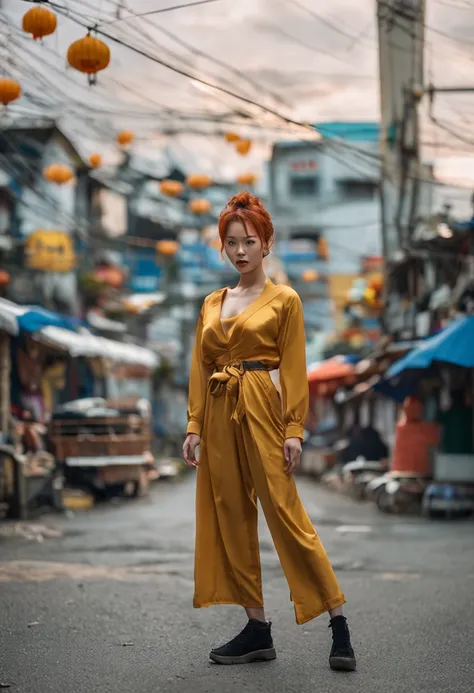 Natural redhead woman poses for photoshooting, fully body pose, Angry, irritated, Anger, fury, She was screaming, Stylish updo hairstyle, hair-bun, Facial features in Japan and Vietnam, Straight hair, Pretty face, Flawless face, Thunderstorm in the backgro...