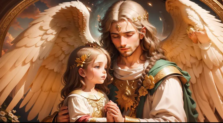 Closeup of an image of the archangel man are raphael praying and blessing a child, com belas asas grandes e bonitas, perfeito, Reslistic, Biblical setting, celestial scenery, sol e nuvens ultras realistas, flores e velas, Jesus illuminated from heaven, Pas...