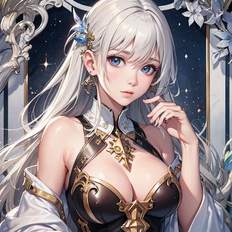 ​masterpiece、top-quality、hight resolution、High-quality images、8K、1womanl、detaileds、Detailed eye depiction、skin gloss、shinny hair、Platinum blonde long hair、Soft hair、anastasia、portlate、treasure map、South Hill