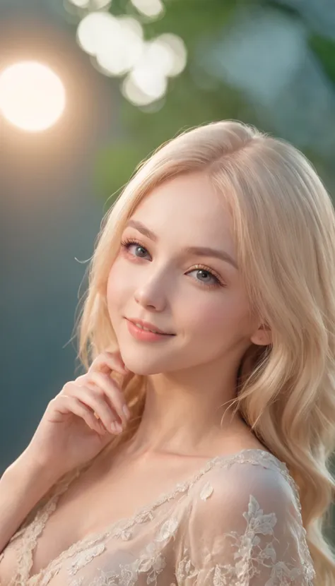 ((One lady))、fully body photo、(((Fully grown Russian girls, Dress less, Gorgeous light blonde hair, Cute humble smile))), (((evening lighting))), (((Sexy, seductive angles))), ((( A highly detailed, Perfect eyes, 逼真))) , sima, Palms, blue open sky, (( Vect...