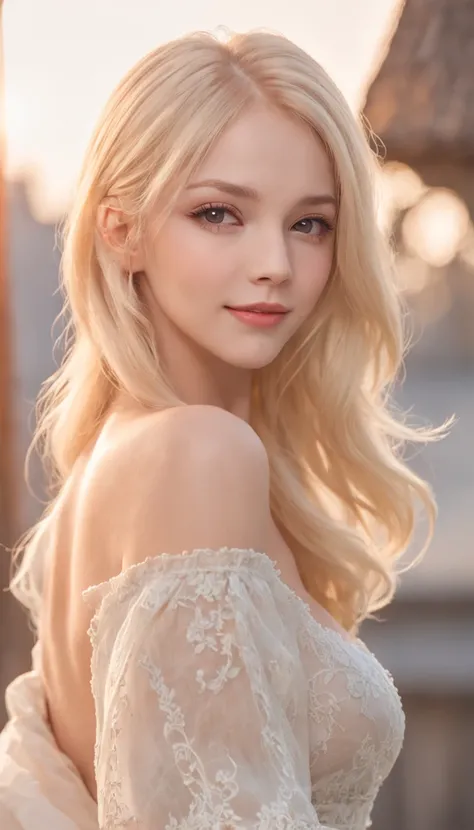 ((One lady))、fully body photo、(((Fully grown Russian girls, Dress less, Gorgeous light blonde hair, Cute humble smile))), (((evening lighting))), (((Sexy, seductive angles))), ((( A highly detailed, Perfect eyes, 逼真))) , sima, Palms, blue open sky, (( Vect...