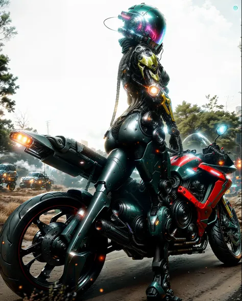 foto la Bruja Escarlata (sexy, grandes tetas) de Marvel, biomechanics, robot complejo, crecimiento completo, hiperrealista, casco de Moto cyberpunk, insane small details, extremely clear lines, aesthetic cyberpunk, paisaje futurista, obra maestra presentad...