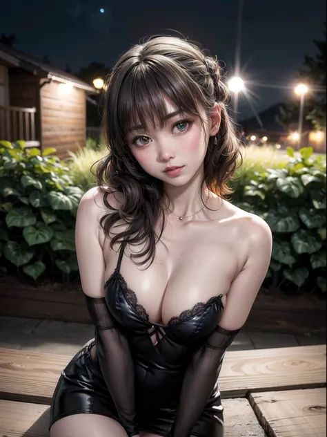 Night sky with fireworks, With Van Gogh starry night painting style, Rolling hills in the background, Fireworks，(top-quality、8K、32K、tmasterpiece、hyper HD:1.2)、Photo of a cute Japanese woman、huge tit、Large full breasts、short-hair、The upper part of the body、...