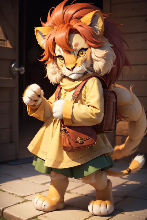 fariy tale, lion character, cute, cartoon, two feet, small side bag, smile