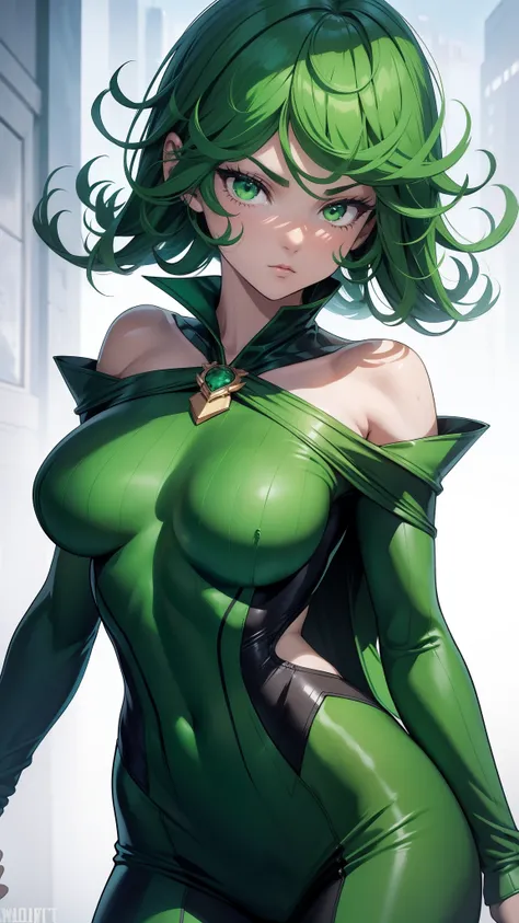 （best qualtiy，8K，32K，tmasterpiece，hyper HD：1.3），Green hair，Green clothes，tightsuit，green skirt，1个Giant Breast Girl，perfect bodies，Super detailed face，Bust photo，Very small breasts，Black hair，Green clothes，upperbody closeup，Off-the-shoulder attire