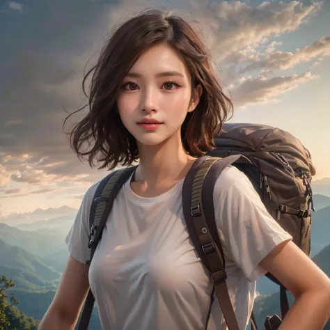 (Naturescape photography), best quality:1.3, masterpiece:1.3, ultra high res:1.3, photorealistic:1.3, RAW photo:1.3,  (Magnificent mountain, sea of clouds), (On a very high mountain peak), (sunset), 
(1girl), (upper body), (25 years old), (smile:0.9), (shi...