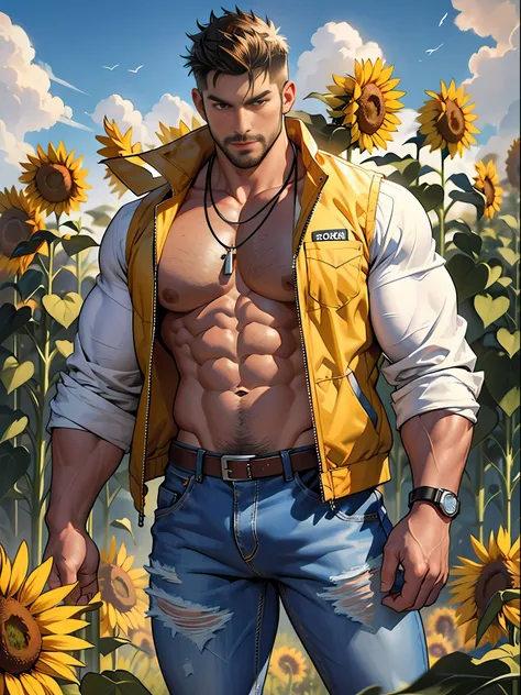 30 years old, big eyes, Chinese male, stubble, white inch, huge muscles, exaggerated muscles, mature man, muscle swelling, bodybuilding, pectoral muscles, abs, in a field of sunflower flowers, plenty of sunflowers, jacket and vest, jeans, sneakers, natural...