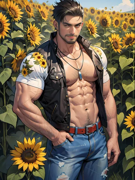 30 years old, big eyes, Chinese male, stubble, white inch, huge muscles, exaggerated muscles, mature man, muscle swelling, bodybuilding, pectoral muscles, abs, in a field of sunflower flowers, lots of sunflowers, jacket and vest, jeans, sneakers, natural l...