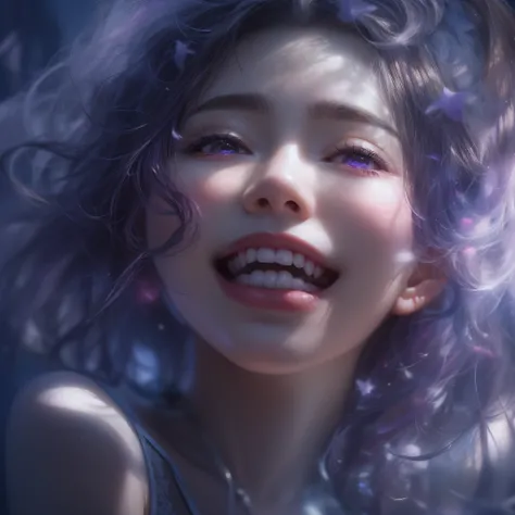 Close up of purple smile with open mouth、(realisitic、hight resolution)、(1 girl in)、Do-Up Eye、Korean Girl、(Best Quality), (masutepiece), (1girl in), Solo, a beauty girl, Perfect face, Big Breast,dreamlikeart、Highly detailed airbrush art((Surreal))、Volumetri...