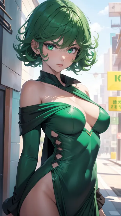 （best qualtiy，8K，32K，tmasterpiece，hyper HD：1.3），Green hair，1个Giant Breast Girl，perfect bodies，Super detailed face，Bust photo，Very small breasts，Black hair，Green clothes，upperbody closeup，Off-the-shoulder attire