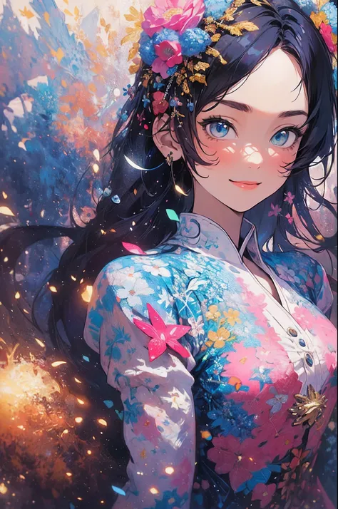 ((Flower dress),((flowercrown))，innocent smiles，(1 girl, Solo:1.6),(Cute smile),(Clothes are simple), (Best Impact:1.5), (maximalism:1.7), Vivid contrast, (Realistic), hyperrealistic illustrations, hight resolution, ultra-detailliert, absurderes,(Fractal A...