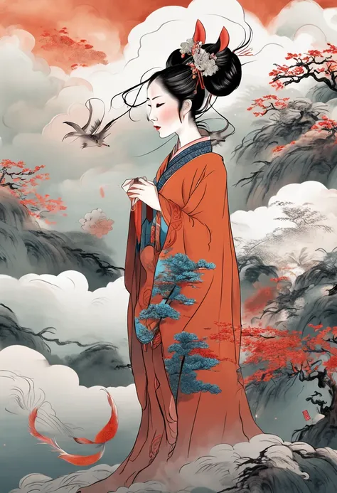 Chinese legends，Female vixen，Close-up of womans front, delicate face, eyes, mouth, close-up, hand close-up，Nine-tailed fox special effects，Background landscape，surrounded by cloud，Traditional Chinese painting The artistic atmosphere is Qi Baishi