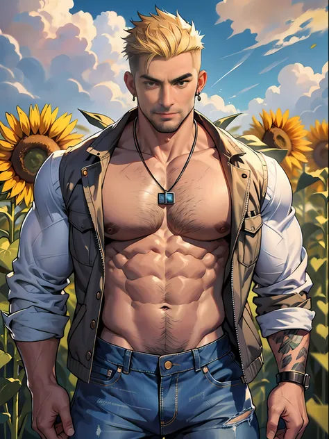 30 years old, big eyes, Chinese male, stubble, white inch, huge muscles, exaggerated muscles, mature man, muscle swelling, bodybuilding, pectoral muscles, abs, in a field of sunflower flowers, lots of sunflowers, jacket and vest, jeans, sneakers, natural l...