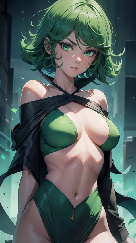 (best qualtiy,8K,32K,tmasterpiece,hyper HD:1.3),Green hair,1个Giant Breast Girl,perfect bodies,Super detailed face,Bust photo,Very small breasts,Black hair,Green clothes,upperbody closeup,Off-the-shoulder attire