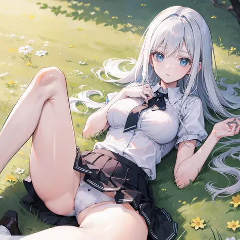 Photorealistic, very high res, Soft light,1girll, Hips up，(Detailed face), long whitr hair, lying on the grass ground, look from down,spread their legs，Show panties, See panties, Secretary uniform, black micro skirt