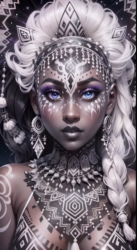 colouring book page, black and white, 32k, full body view, very beautiful tribal brown skin girl with excessive intricately detailed vivdly black and white facepaint bodypaint makeup, stunning radiant eyes, gorgeous white hair with highlights, magical nigh...