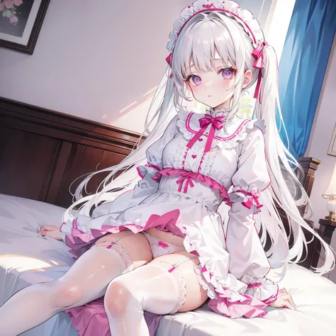 Cute white-haired loli，Wearing Lolita and white stockings，Sitting on the bedside，spread their legs，Pink panties can be seen，Leakage from the lower body