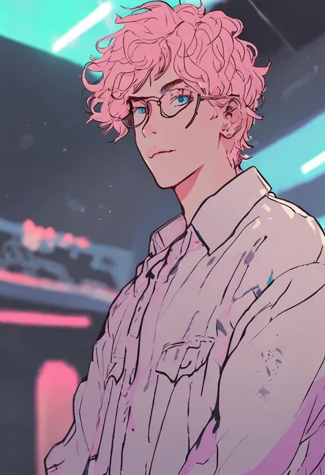 Close-up of a 22-year-old boy with glasses on his head, Short pink hair，Hair three or seven points，The background is modified to light blue，lofi portrait, Praise Artstyle, Retro anime boy,