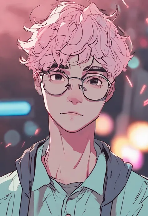 Close-up of a 22-year-old boy with glasses on his head, Short pink hair，Hair three or seven points，The background is modified to light blue，lofi portrait, Praise Artstyle, Retro anime boy,