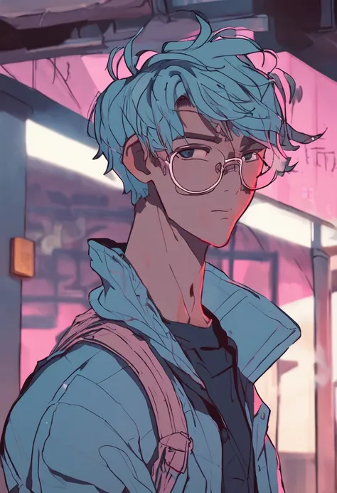 Close-up of a 22-year-old boy with glasses on his head, Short pink hair，Hair three or seven points，The background is modified to light blue，lofi portrait, Praise Artstyle, Retro anime boy,