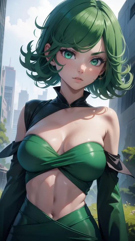 （best qualtiy，8K，32K，tmasterpiece，hyper HD：1.3），Green hair，1个Giant Breast Girl，perfect bodies，Super detailed face，Bust photo，Very small breasts，Black hair，Green clothes，upperbody closeup，Off-the-shoulder attire