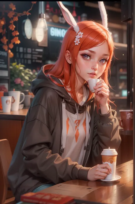 Beautiful girl with red straight hair and red eyes, long bunny ears, thumb up, Sitting in a coffee shop, during night, She wears an orange hoodie, Nostalgic and melancholic atmosphere, Cup on the table, Detailed digital anime art, Loish et WLOP, Cute anime...