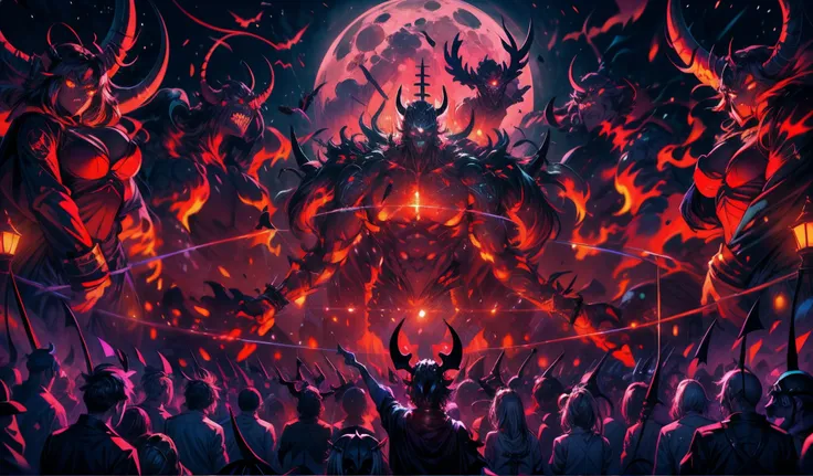 masterpiece, concept art, wide shot, musical theme, vibrant color, contrast, (hundreds of demons:1.5), demons army as a concert ...