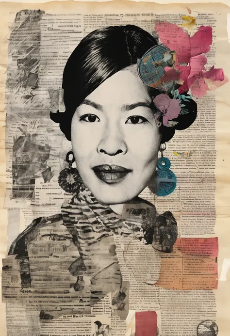 Charcoal drawing illustration collage, marker drawing portrait of a Vietnamese woman on collage of book pages, magazine headlines cutouts, musical notation paper scraps, by Peterdraws, flowerpunk, boho styled fabrics, intricate, buttons, wirework jewelry, ...