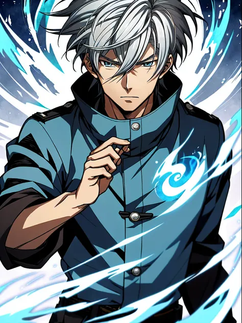 Anime image of a white-haired man wearing a blue flame in a black jacket, Shinkai sincerely, New Xiangcheng, Honest, ryuta ueda artwork, offcial art, Anime handsome man,