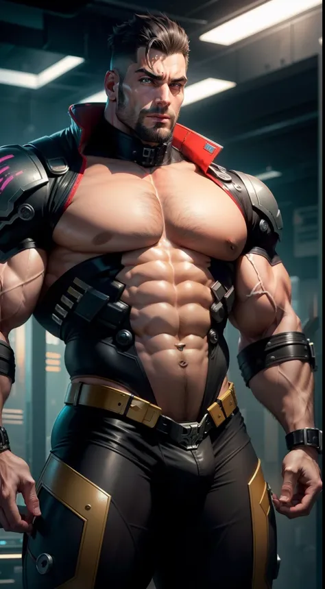 Muscle Dad，cyber punk perssonage，vast pecs，Huge crotch bulge，Thick upper body，Wide shoulders，High- sharpness，high detal，adeptus mechanicus