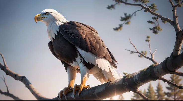 A solitary bald eagle gracefully perches on a tree branch, its keen eyes scanning the landscape below while the morning sun illuminates its distinctive white head feathers.