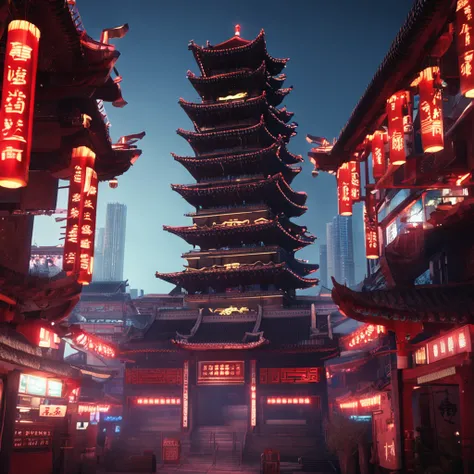 Chinese Drum Tower，ancient buildings，Combined with modern cities，New Chinese，Cyberpunk blue and white lights，cinematic Film still from，フォトリアリスティック，8k