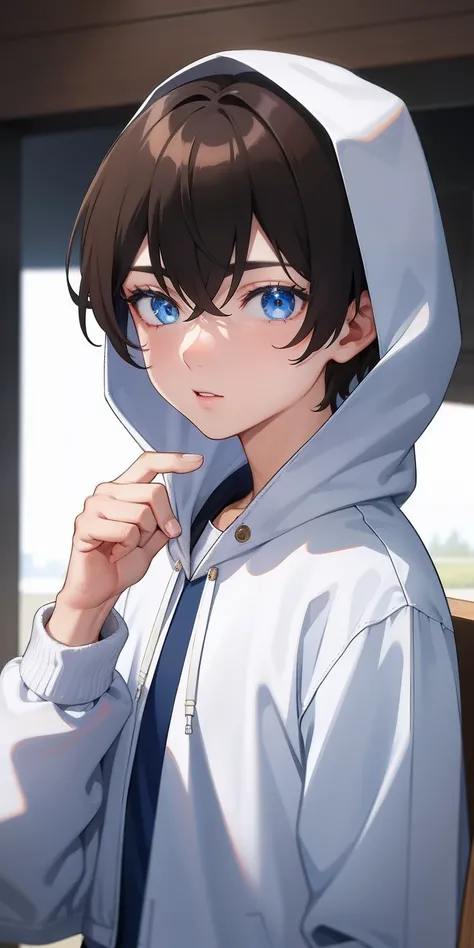 1boy, blue eyes, white Hoodie, short hair, fingernails, brown hair, beautiful eyes, beautiful hair, beautiful face