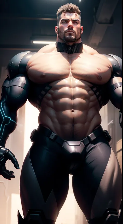 Muscle Dad，cyber punk perssonage，vast pecs，Huge crotch bulge，Thick upper body，Wide shoulders，High- sharpness，high detal，adeptus mechanicus，full bodyesbian，From below，Robotic arm