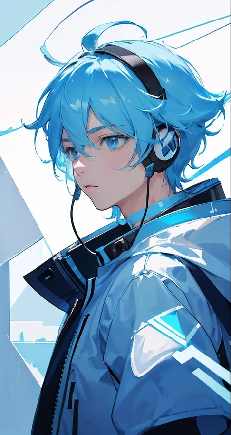 masterpiece, best quality, movie still, 1boy, clear background, cloud boy, cloud, (close-up:1.1), bright, happy, fun, soft lighting, (Bauhaus, shapes, lines, abstract:1.1), blue and light blue hair, light blue eyes, wearing headset, blue jacket