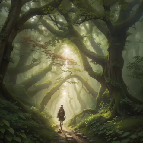 A mist-covered forest trail winding through ancient trees, the sun barely breaking through the canopy, high quality, high resolution, extreme detail, masterpiece, high quality, high resolution, extreme detail, masterpiece, 1girl walking on a forest path, f...