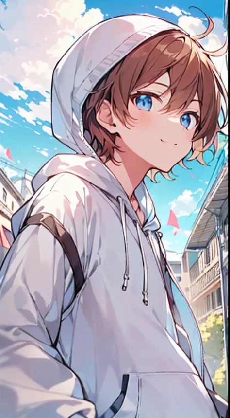 masutepiece, Best Quality,Illustration, Wallpaper, Ultra Detail, 1boy in, Solo, (Medium short hair), Beautiful ultra-detailed eyes , (Street:1.3), Sunny bright sky、Hair that flutters in the wind,(a panoramic view:1.5),(Sense of depth:1.3),(longshot:1.3), w...