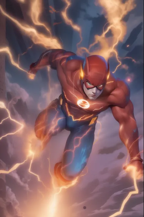 The Flash with the golden lightning symbol on his chest runs across the shattered earth，Surrounded by blue lightning，The human body emits bright light，The background is cloudy，（tmasterpiece）（best qualtiy）（A detailed）（8K）（cinmatic lighting）（Sharp focus）（复杂）