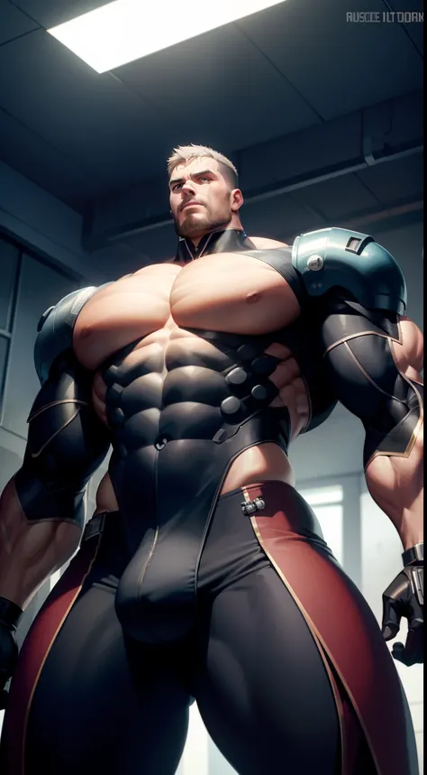 Muscle Dad，cyber punk perssonage，vast pecs，Huge crotch bulge，Thick upper body，Wide shoulders，High- sharpness，high detal，adeptus mechanicus，full bodyesbian，From below，Robotic arm