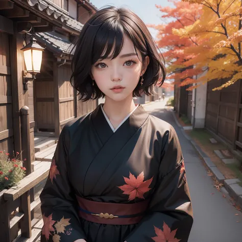 Grumpy woman、Short hair、A dark-haired、japanes、Kamimei、Autumn landscape、Glistening hair、Cadiz flies around、Little fat woman