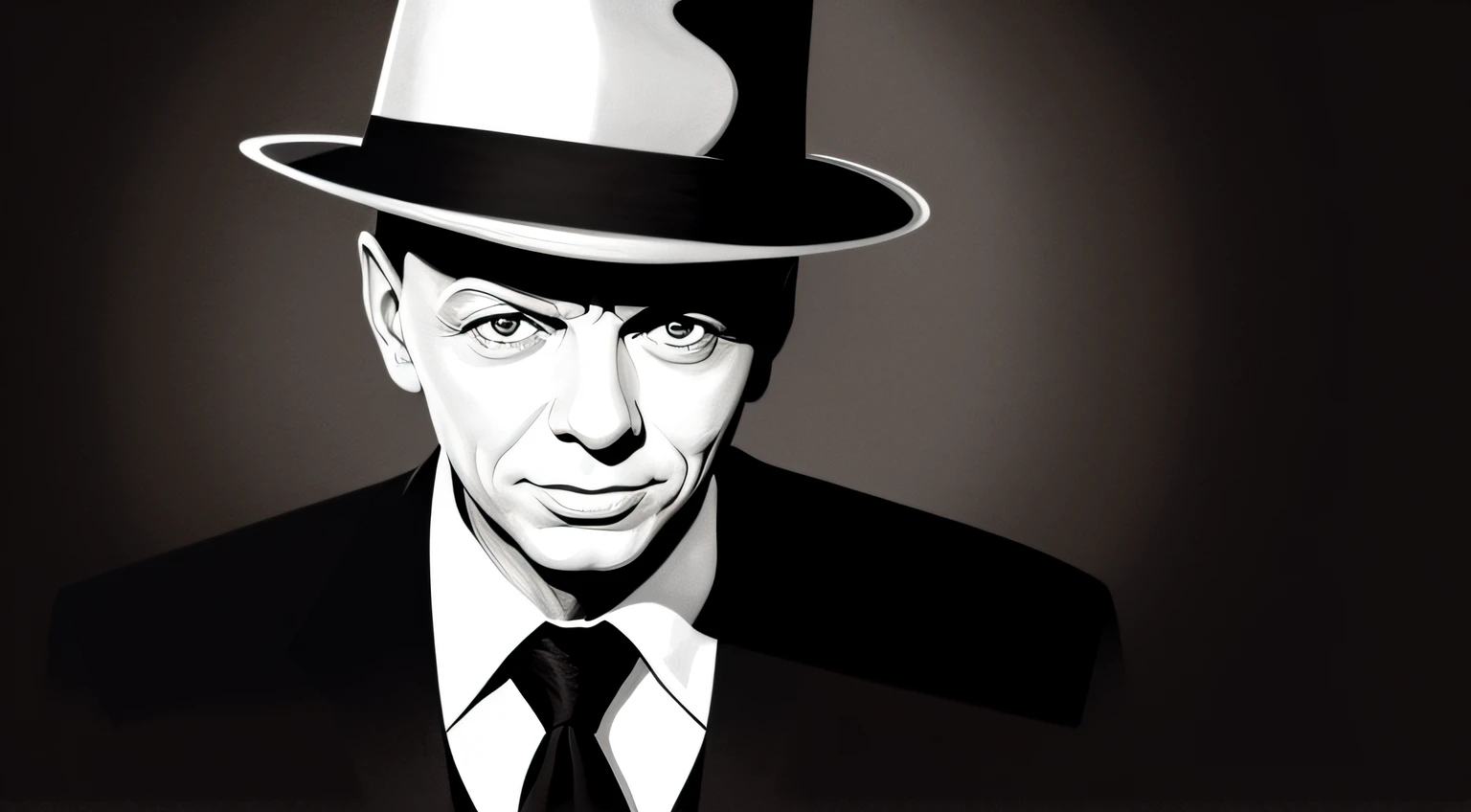 Illustration of Frank Sinatra, similar to Tim Burtons aesthetic, with a dark background and no details