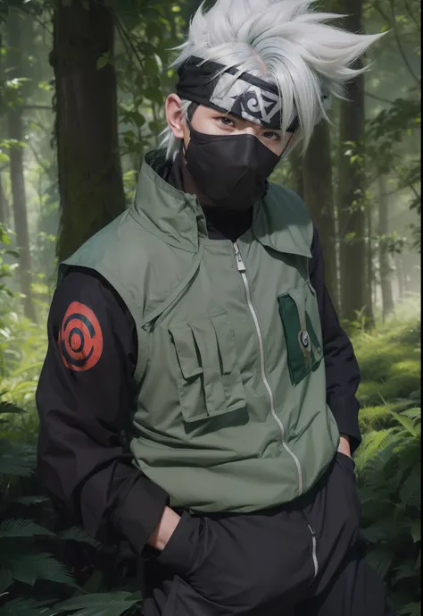 real life adaption of this character,his name is kakashi from anime naruto,1boy,wearing thick vest dark green color with long sl...