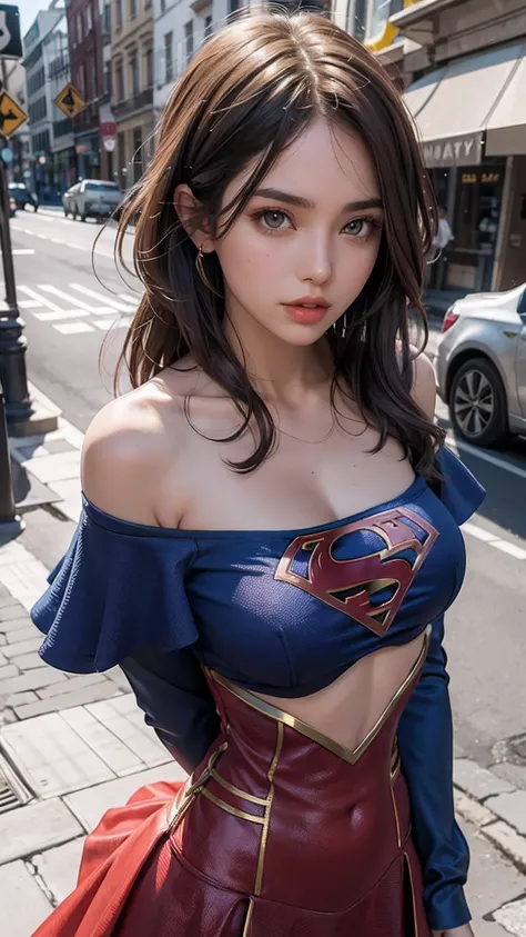 1gril，Woman body set big breasts，Supergirl costume dress，Cut clothes，Close-up，Off-the-shoulder attire，Charming，perfect bodies，the street，nabel，Abdominal vest line，brunette color hair